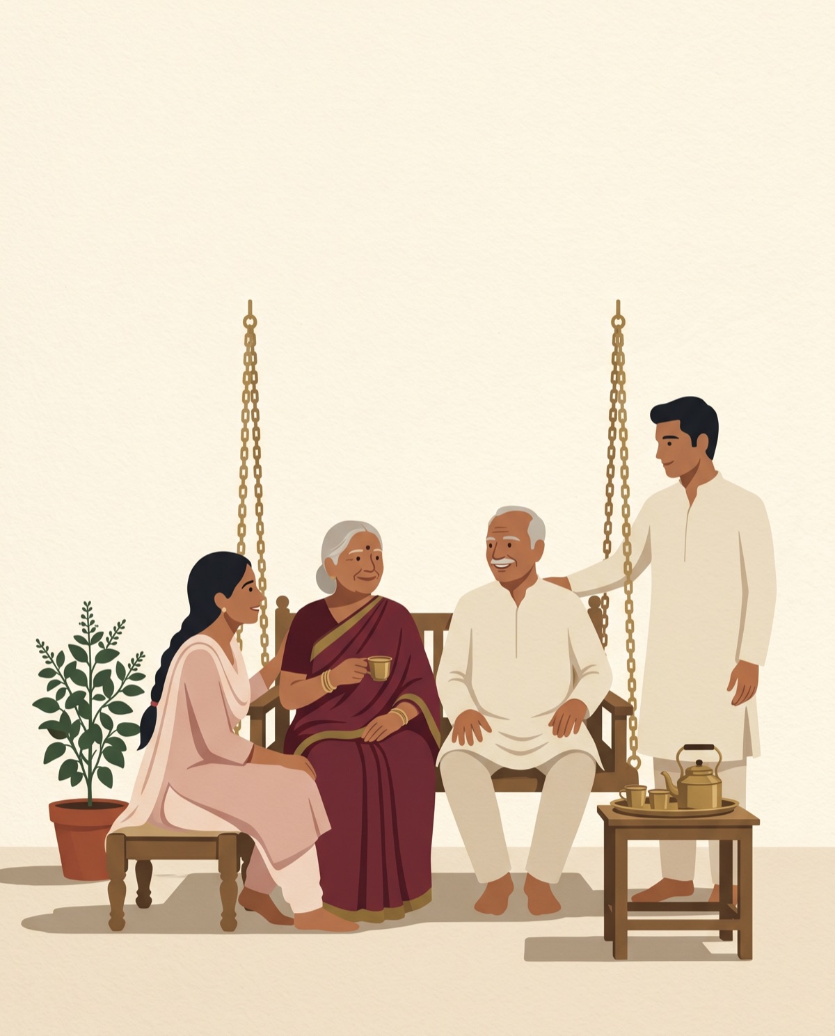 A family gathering for tea in the Dharma Saathi visual system