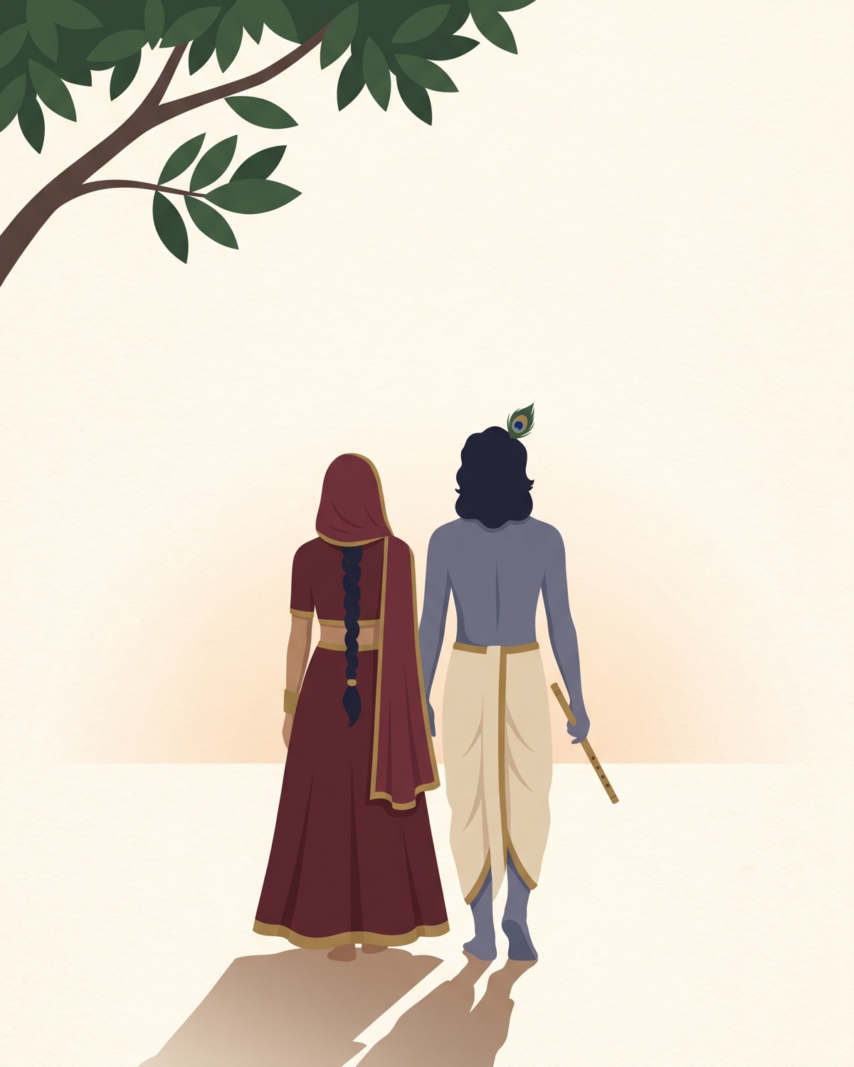 Radha and Krishna walking together beneath a tree in Dharma Saathi artwork