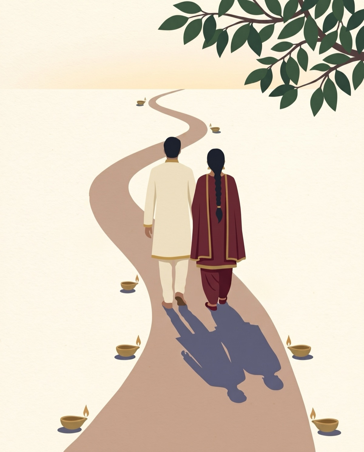 A couple walking along a lamp-lit path in the Dharma Saathi Parichay journey